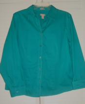 CHICO&#39;S Sz.2 (Large) Wrinkle Resistant Teal Button Front Camp Shirt Long Sleeve - £14.77 GBP
