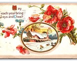 Poppy Blossoms Cabin Scene New Year Embossed DB Postcard W22 - $2.92