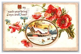 Poppy Blossoms Cabin Scene New Year Embossed DB Postcard W22 - £2.34 GBP