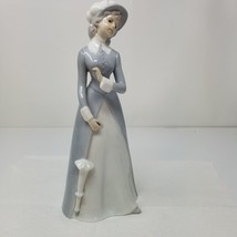 Figure Woman with Parasol French Ceramic Collared Dress Vintage 1960 - $18.95