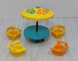 Fisher-Price Little People vintage floral umbrella table chairs teal yel... - $24.74