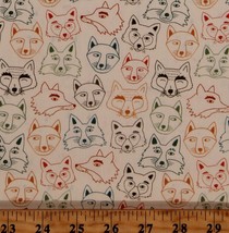 Cotton Animals Faces Foxes Wolves Wildlife Cream Fabric Print by Yard D578.79 - £12.72 GBP