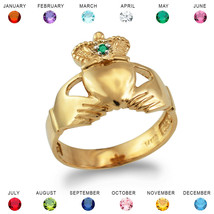 Yellow Gold Claddagh Mens Birthstone CZ Ring - £257.99 GBP