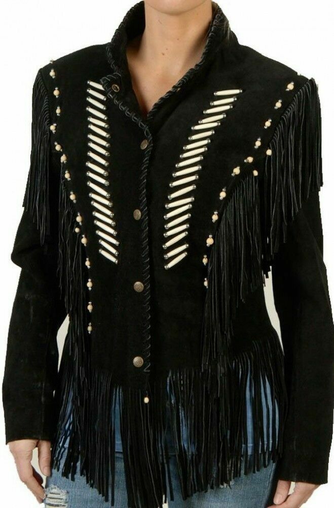 Western Style Women Black Color Bone Beaded Fringes Suede Genuine Leather Jacket