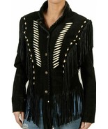 Western Style Women Black Color Bone Beaded Fringes Suede Genuine Leathe... - $228.31 CAD