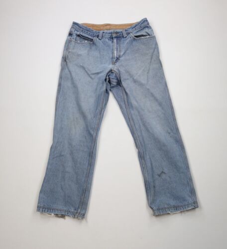 Duluth Trading Co Mens 35x30 Relaxed Fit Thrashed Wide Leg Denim Jeans Blue - $39.55