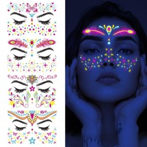 4 Pcs Fluorescence UV Neon Body Face Fake Waterproof Tattoo Stickers Colorful Fa - £17.76 GBP