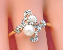 Antique Art Nouveau .52ctw. Euro Diamond 5.8mm Natural Pearl Ring 1910 Size 11 - £1,260.82 GBP