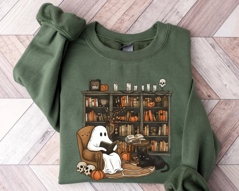 Retro Ghost Reading Books Sweatshirt, Librarian Ghost Halloween, Halloween Teach - $29.99