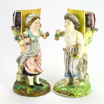 Antique Boy &amp; Girl Fayence Mantle Ivy Vase Set, Signed FB Paris &amp; DH, Fr... - £978.92 GBP