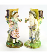 Antique Boy &amp; Girl Fayence Mantle Ivy Vase Set, Signed FB Paris &amp; DH, Fr... - £995.59 GBP