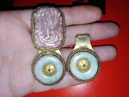 Antique Chinese gilt metal Jadeite Jade and rose pink quartz belt buckle  - £2,380.74 GBP