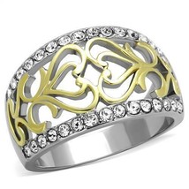 Gold Plated Filigree Hearts Wide Band Ring Stainless Steel TK316 - £13.27 GBP