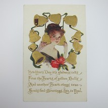 Postcard New Years Day Antique Embossed Gold Bells Lady &amp; Red Roses UNPO... - £8.00 GBP
