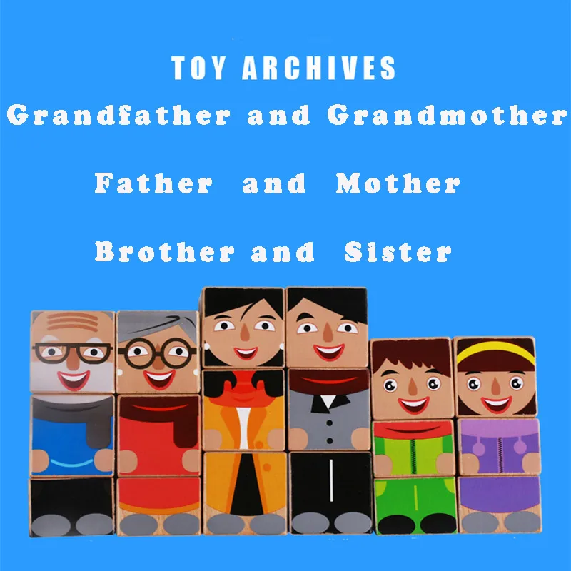 wooden figures toys Family Series building blocks Sister Brother Mom Dad grandpa - £29.67 GBP