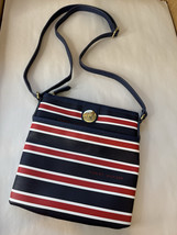 Tommy Hilfiger Blue White Red Striped Round Logo Vinyl Crossbody Purse Hand Bag - $31.79