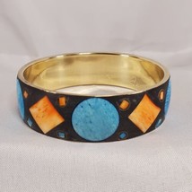 Vintage Brass Bangle bovine Bone Inlay, Blue And Orange Boho Art Deco  - £11.07 GBP