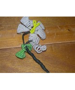 Estate White &amp; Yellow Bead Flower w 2 Buds &amp; Green Beaded Leaves &amp; Fabri... - $4.99