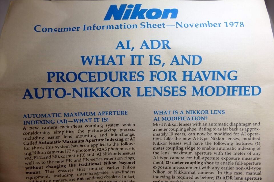 NIKON CONSUMER INFORMATION SHEET MAY 1979 NIKKOR LENS Ai modification Br... - $25.68