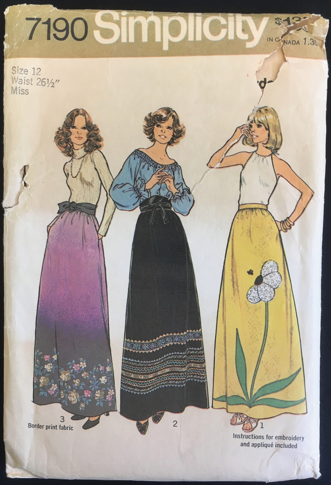 Primary image for 1970s Sz 12 Waist 26 1/2 Flower Applique Maxi Skirt Simplicity 7190 Pattern Boho