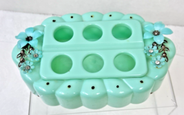 Vintage Hard Plastic 6 Lipstick Vanity Stand Soft Mint Green w 3D Flowers - $19.80