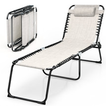 Costway Folding Beach Lounge Chair Patio Lounge Chaise w/Detachable Pillow Grey - £107.15 GBP