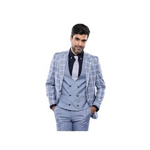 Men 3pc European Vested Suit WESSI by J.VALINTIN Extra Slim Fit JV30 blue plaid image 10