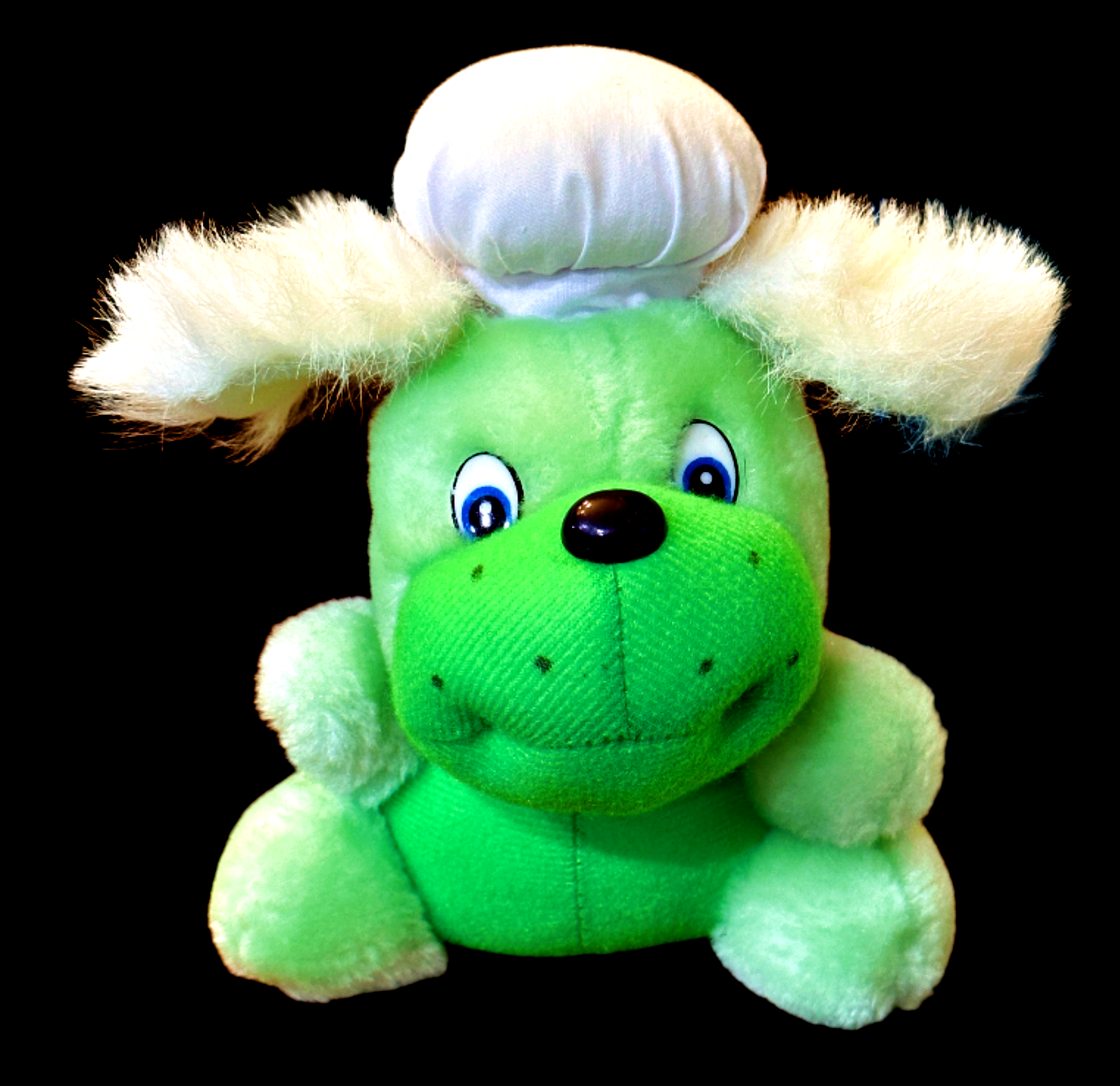 Vintage Green Dog in Chef's Cooks Hat Carnival  7" Toy 1990s Fuzzy White Ears - $7.74