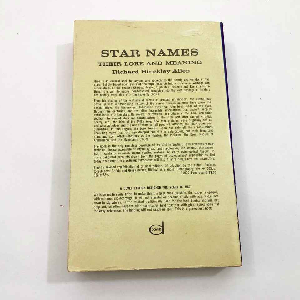 Star Names Their Lore and Meaning R H Allen PB 1963 Dover Reprint 563 pages Item image 2