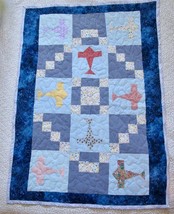 Hand Quilted Baby Airplane Patchwork Crib Quilt Cotton Machine Quilted 35 x 48 - £35.30 GBP
