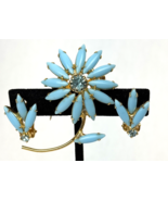 Vintage Flower Brooch &amp; Earrings Blue Milk Glass Crystal Rhinestone Dais... - $75.00