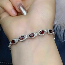 7CT Oval Lab-Created Red Ruby Women&#39;s Halo Tennis Bracelet 14k White Gold Plated - £277.35 GBP