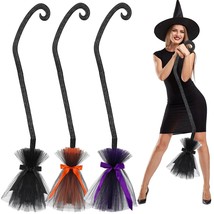 3 Pcs Halloween Witch Broom Plastic Witch Broomstick With Ribbons For Girls Wome - £41.11 GBP