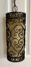 Vintage Scrolled Wrought Iron Hanging Swag Electric Light Fixture w/ Amb... - $146.90