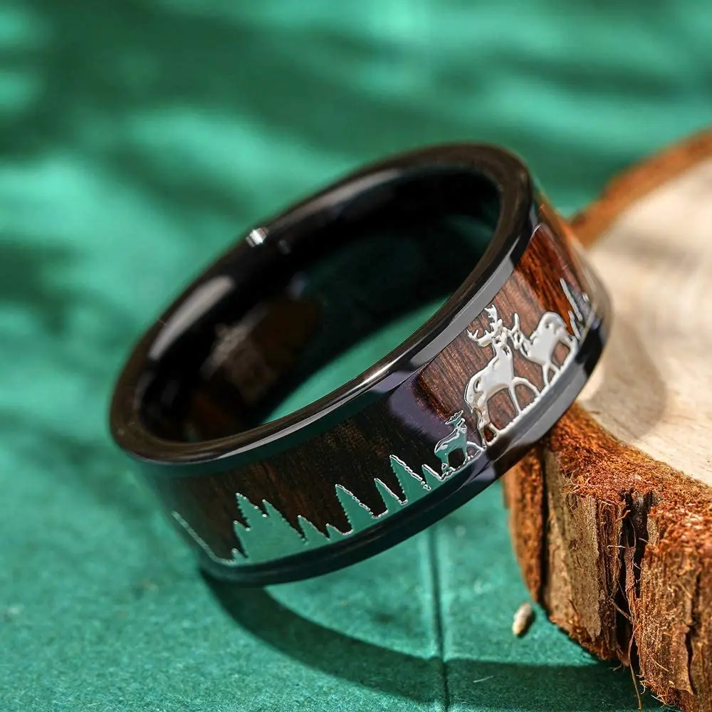 Sporting 2021 Fashion 8mm Men Black Tungsten Wild Life Hunting Ring Koa Wood Inl - £24.04 GBP