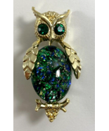 Vintage 2 in Green Blue Chip Rhinestone Gold Tone Owl Brooch Pin - £19.70 GBP