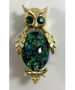 Vintage 2 in Green Blue Chip Rhinestone Gold Tone Owl Brooch Pin - $470.22 MXN