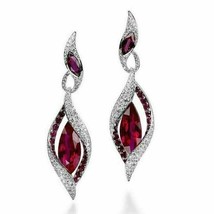 14K White Gold Plated Silver 3.20Ct Marquise Simulated Ruby Drop/Dangle Earrings - £79.12 GBP