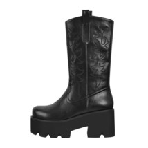 Women Boots Black Platform PU Lace Up Mid Calf Chunky High Heels Booties Side Zi - £114.92 GBP