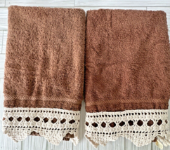 Set Of 2 Vintage Cannon Monticello Cocoa/Brown Hand Towels W/Crochet Trim Boho - £18.19 GBP