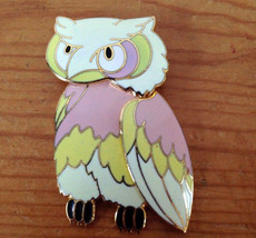 Modern Enamel Brass Yellow White Pink Pastel 2&quot; Cartoon Owl Brooch Pin Button - £19.74 GBP