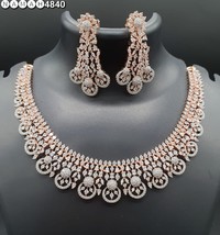 Indian 18k Rose Gold Filled Bollywood Style CZ Necklace Delicate Jewelry Set - £111.40 GBP