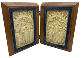 Vintage Madonna Child Jesus Crucified Wood Bifold Relief Christian Art - $28.00