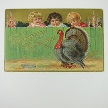 Thanksgiving Postcard Wild Turkey Children at Fence Gold Embossed Antique 1908 - £7.86 GBP