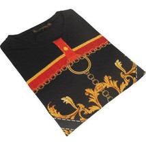 Men LAVERITA European Fashion Crew Shirt Rhine Stones Chain Florals 12085 Black image 2