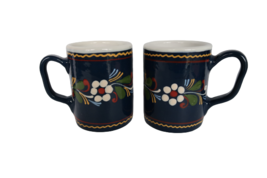 Pair of vintage stoneware coffee mugs cups blue with flowers daisies theme - £19.97 GBP