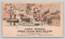 Victorian Trade Card John Moore Boots Fishing Tables Turned Man Falls In Water - $9.51