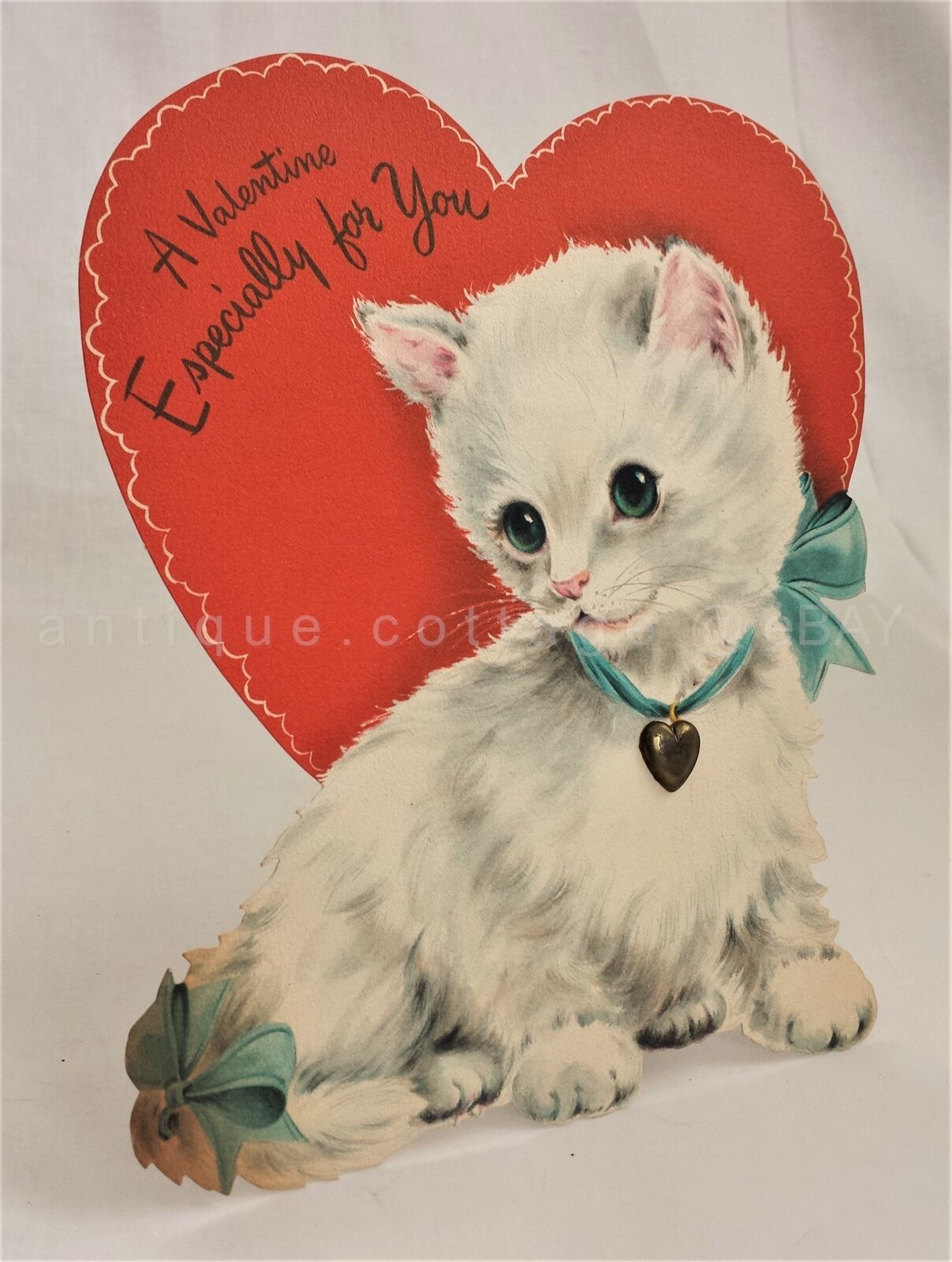 Primary image for vintage HALLMARK HALL BROTHERS VALENTINE CARD 8.5" standing CAT METAL CHARM