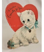 vintage HALLMARK HALL BROTHERS VALENTINE CARD 8.5&quot; standing CAT METAL CHARM - £31.62 GBP