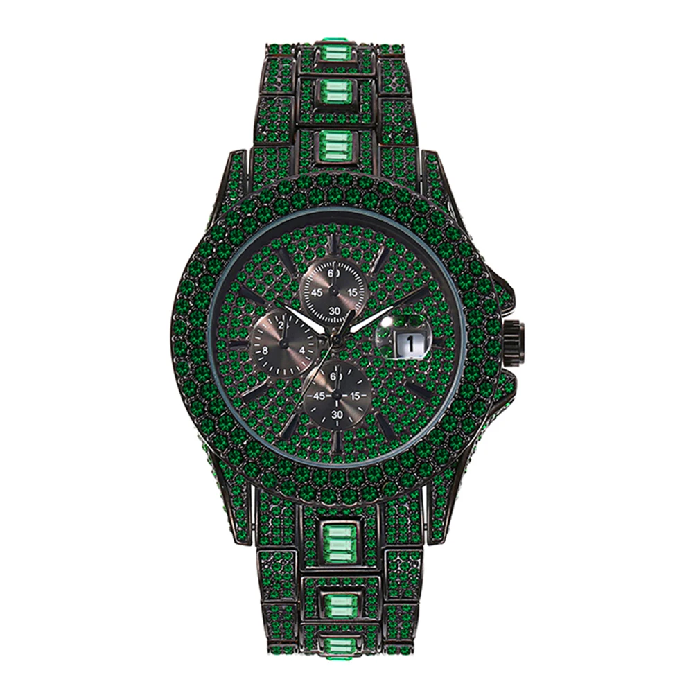 New Hip Hop Watches Mens Automatic Date Green Iced Diamond Clock Fashion... - £60.76 GBP